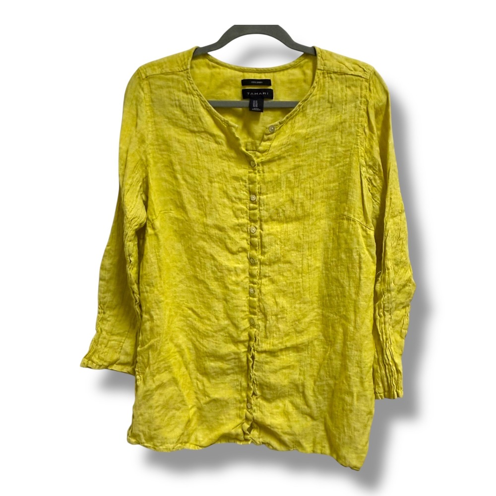 Tahari Yellow Linen Button-Down Shirt